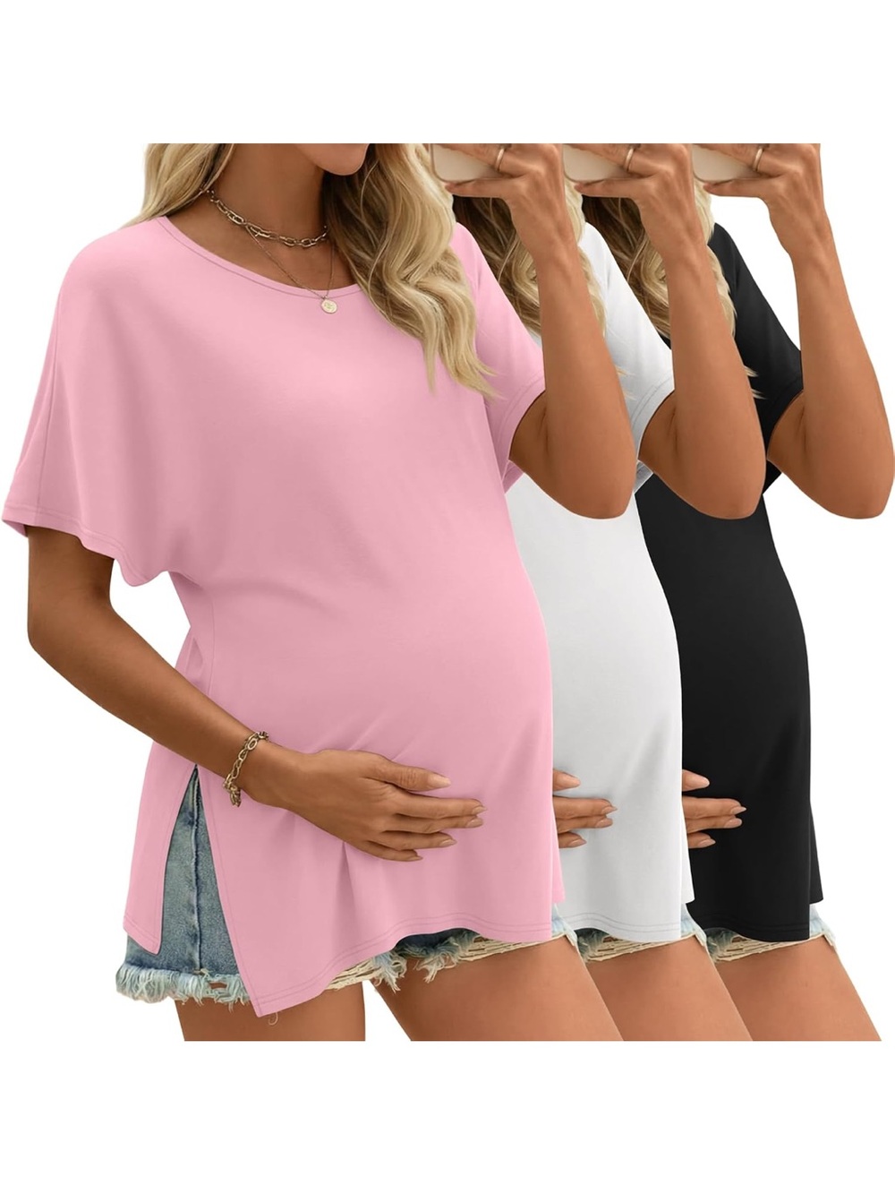 Women’s Maternity Short Sleeve Scoop Neck Top - Pink & Black